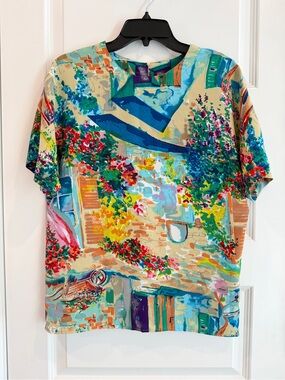 Vintage Caviar Women’s Colorful Blouse in Artsy European Street Scene Print Sz S